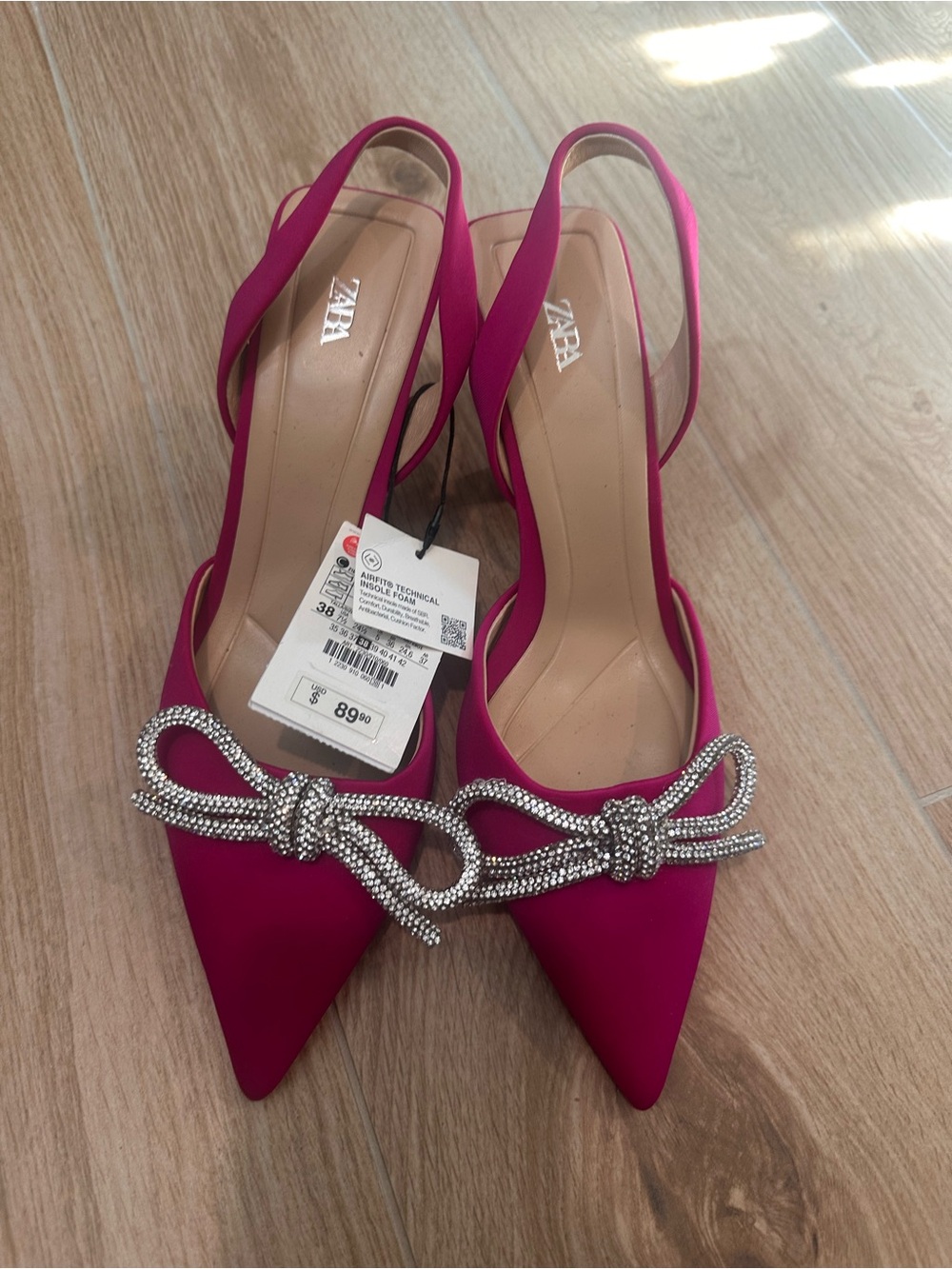 Zara Hot Pink Pointed Slingback Heels with Crystal Bow